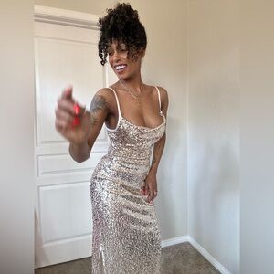 Taylor Sequin Long Length High Split Dress